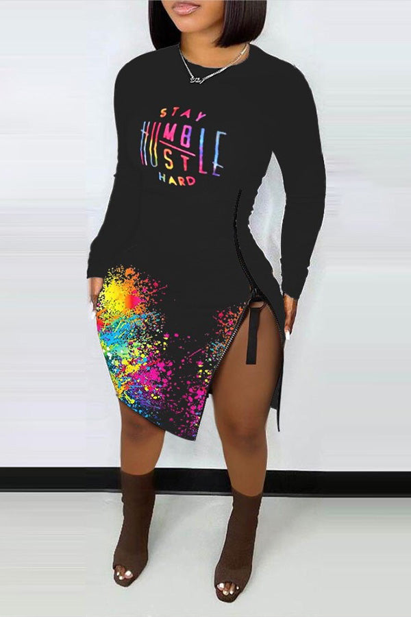 Fashion Round Neck Long Sleeve Print Zipper Slim Fit Mini Dress Fashionpara