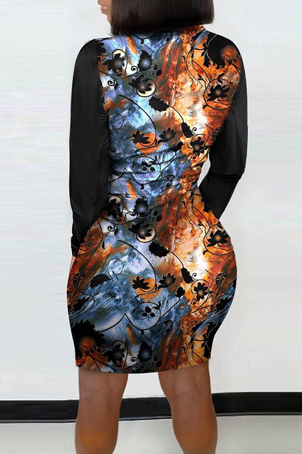 Fashion Round Neck Long Sleeve Print Zipper Slim Fit Mini Dress Fashionpara