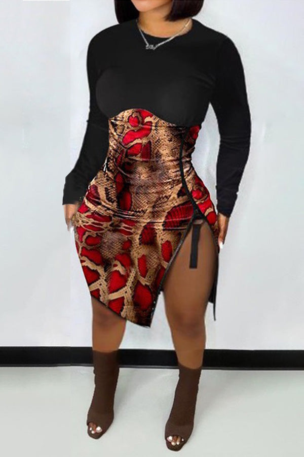 Fashion Round Neck Long Sleeve Print Zipper Slim Fit Mini Dress Fashionpara