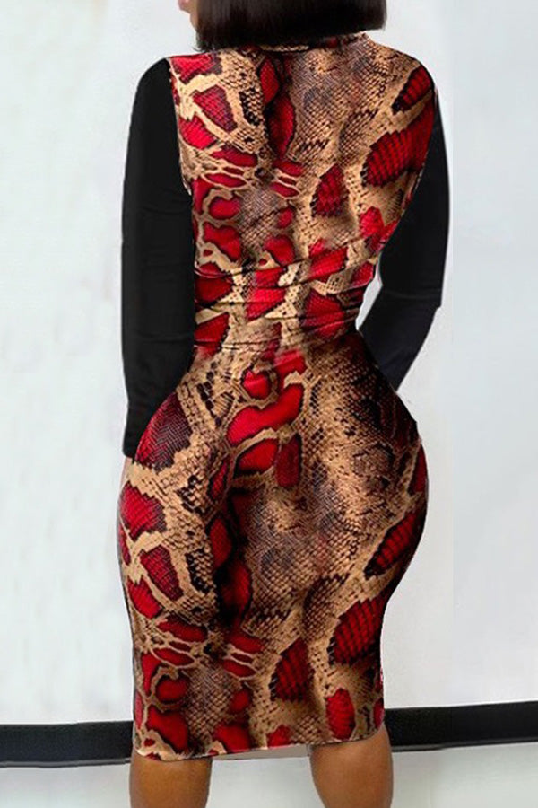 Fashion Round Neck Long Sleeve Print Zipper Slim Fit Mini Dress Fashionpara