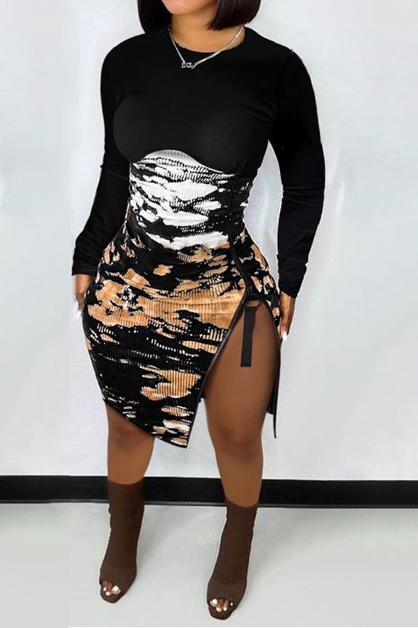 Fashion Round Neck Long Sleeve Print Zipper Slim Fit Mini Dress Fashionpara
