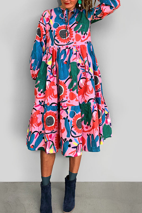Fun Hand Drawn Print Tie Neck 3/4 Length Sleeve Plus Size Midi Dress Fashionpara