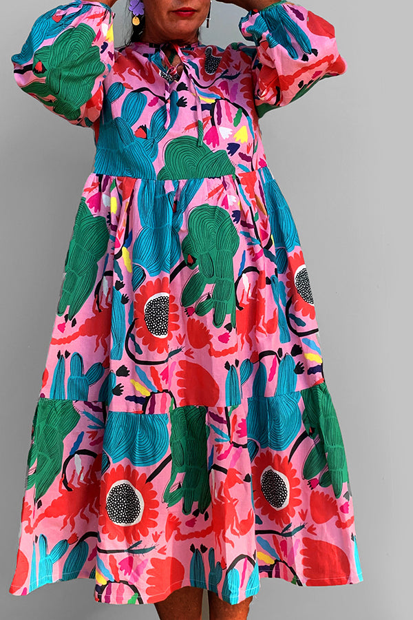 Fun Hand Drawn Print Tie Neck 3/4 Length Sleeve Plus Size Midi Dress Fashionpara