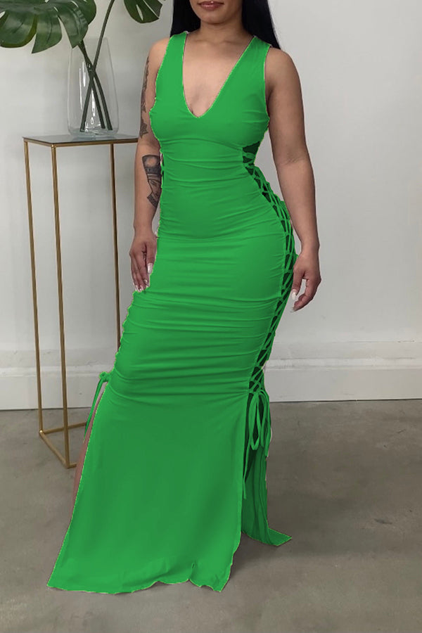 Sexy V-neck Sleeveless Cutout Lace Up Slim Fit Maxi Dress Fashionpara