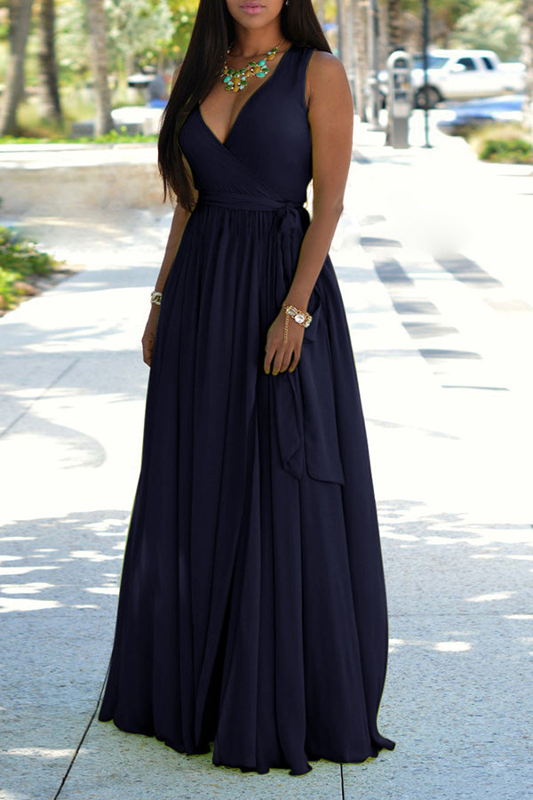 Classic Solid Color V-neck Sleeveless Lace Up Maxi Dress Fashionpara