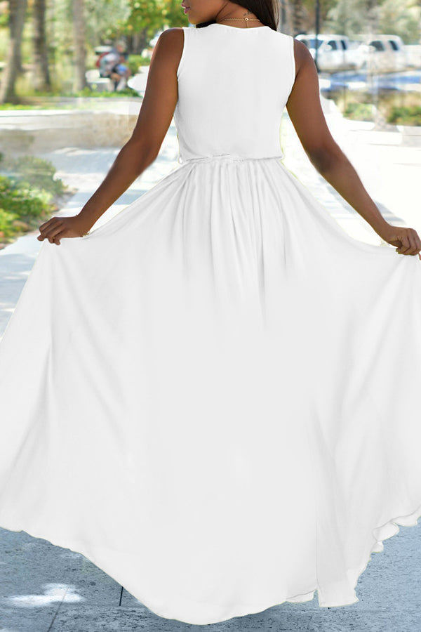 Classic Solid Color V-neck Sleeveless Lace Up Maxi Dress Fashionpara