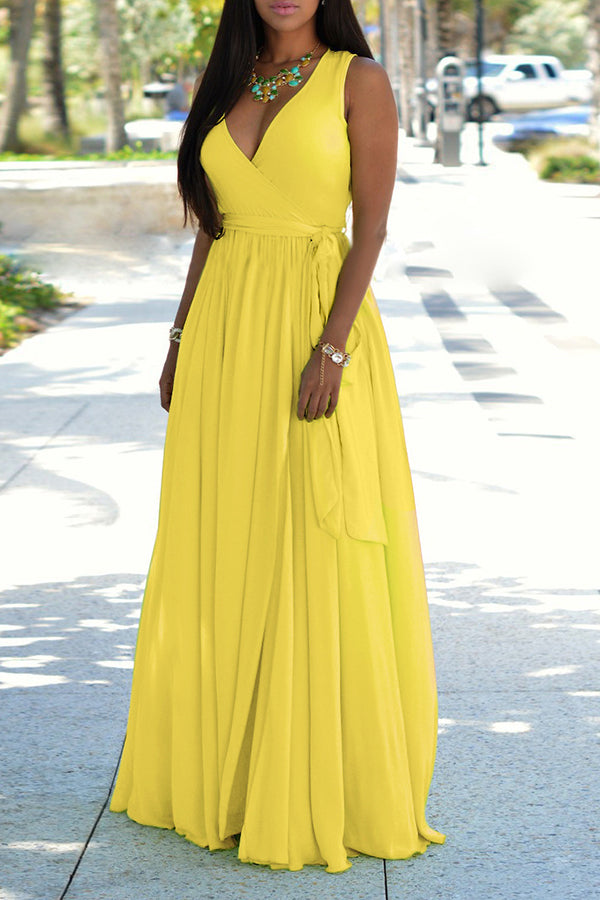 Classic Solid Color V-neck Sleeveless Lace Up Maxi Dress Fashionpara