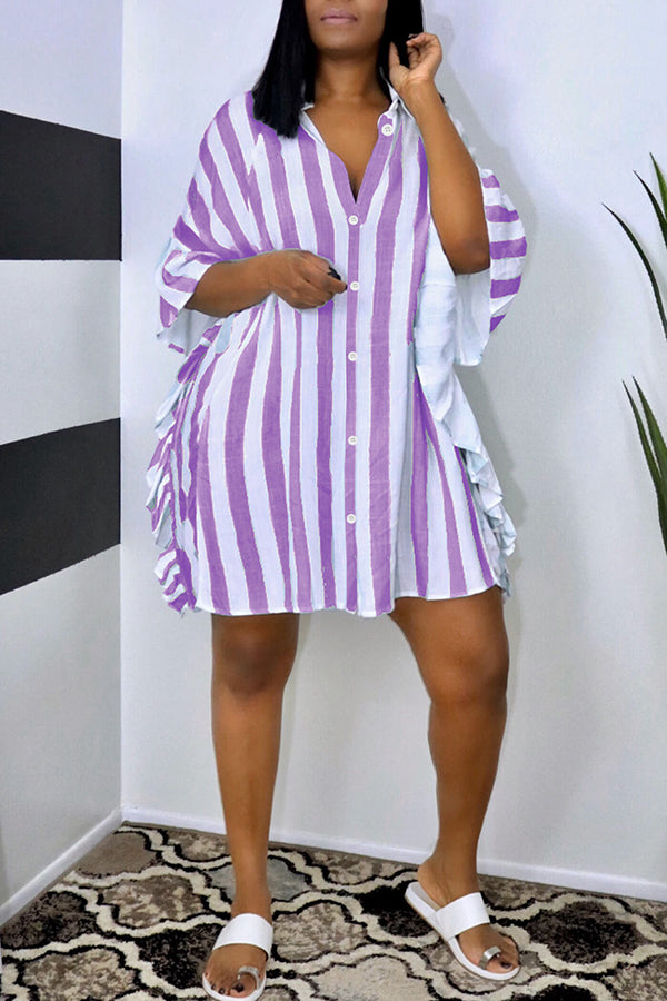 Fashion Stripe Print Batwing Sleeve Ruffle Single Breasted Mini Dress Fashionpara