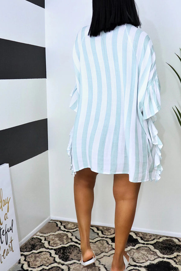 Fashion Stripe Print Batwing Sleeve Ruffle Single Breasted Mini Dress Fashionpara