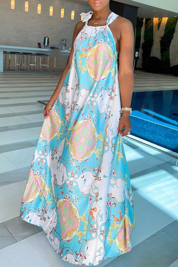 New style lace up skirt digital print sleeveless maxi dress Fashionpara