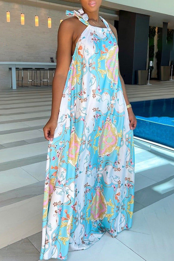 New style lace up skirt digital print sleeveless maxi dress Fashionpara