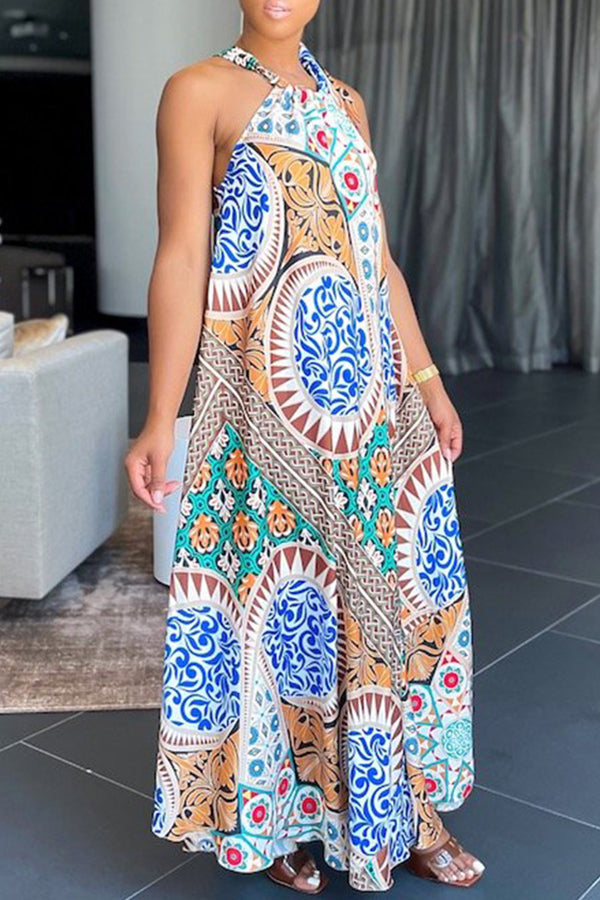 New style lace up skirt digital print sleeveless maxi dress Fashionpara