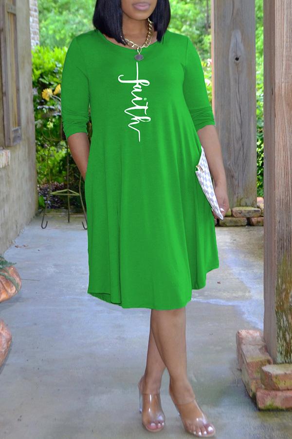 Basic Letter Print Long Sleeve Pocket Dresse  Fashionpara