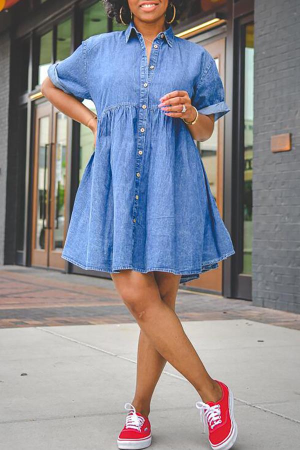 Denim Shirt Collar Short Sleeve Button Down Dress  Fashionpara