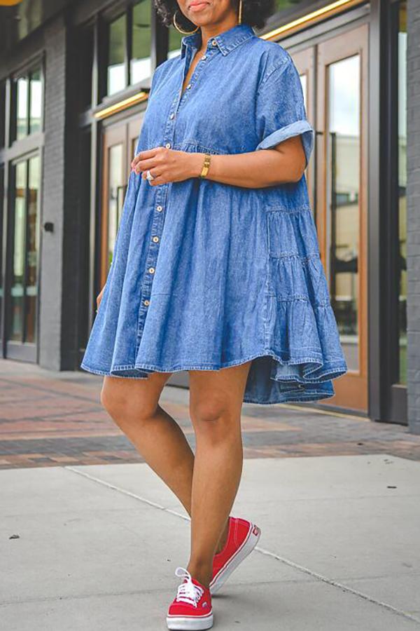 Denim Shirt Collar Short Sleeve Button Down Dress  Fashionpara