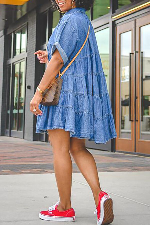 Denim Shirt Collar Short Sleeve Button Down Dress  Fashionpara