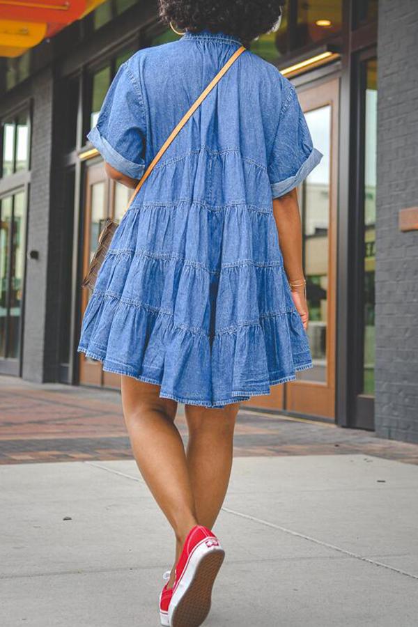 Denim Shirt Collar Short Sleeve Button Down Dress  Fashionpara