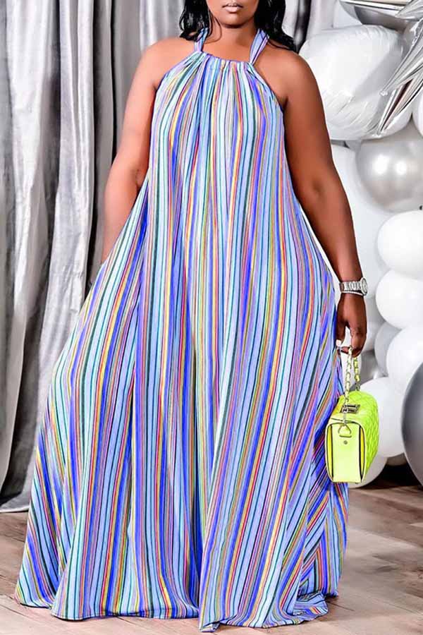 Plus Size Halter Striped Maxi Dress Fashionpara