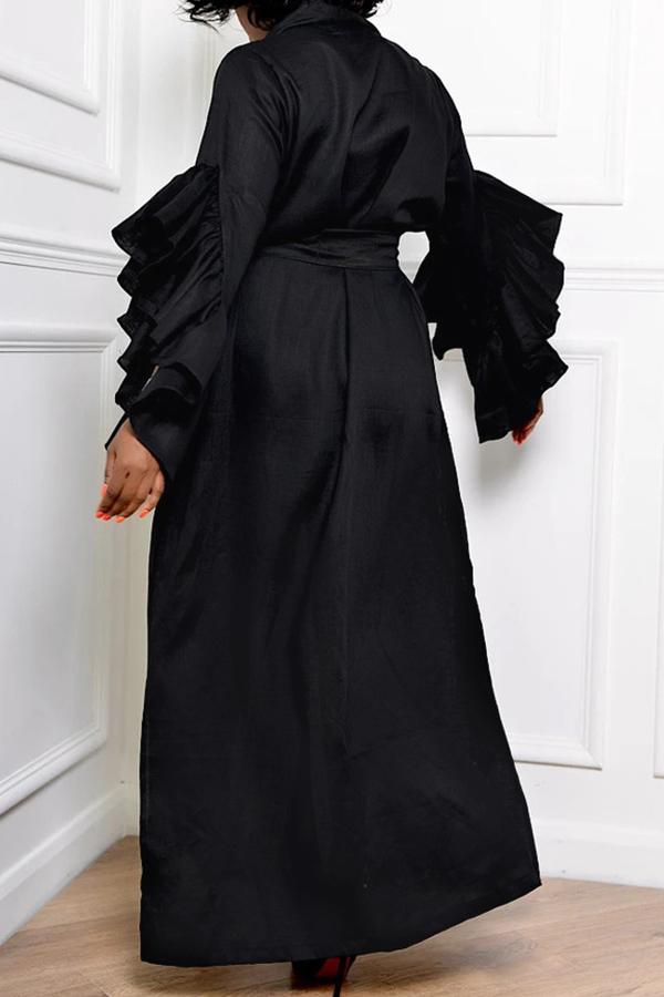 V-neck Solid Ruffle Sleeve Pocket Tie Maxi Dress Fashionpara