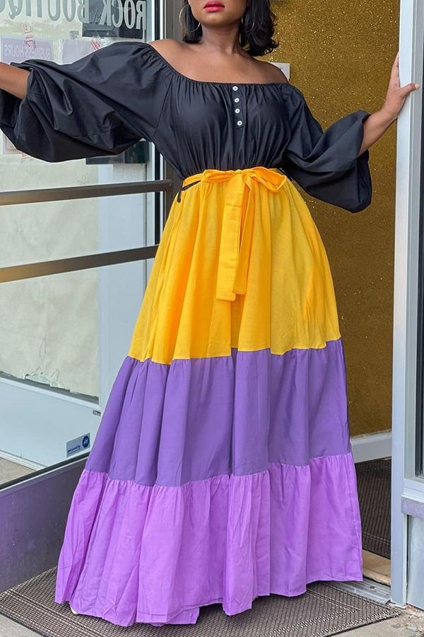 Off Shoulder Colorblock Stitching Tiered Plus Size Maxi Dress Fashionpara