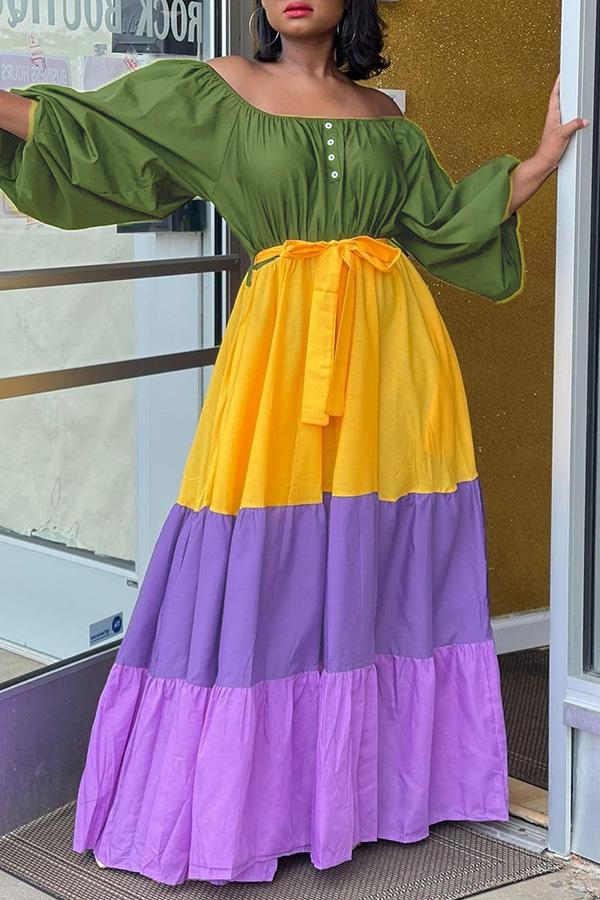 Off Shoulder Colorblock Stitching Tiered Plus Size Maxi Dress Fashionpara