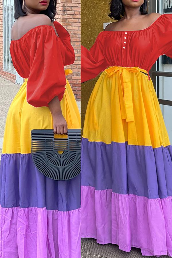 Off Shoulder Colorblock Stitching Tiered Plus Size Maxi Dress Fashionpara
