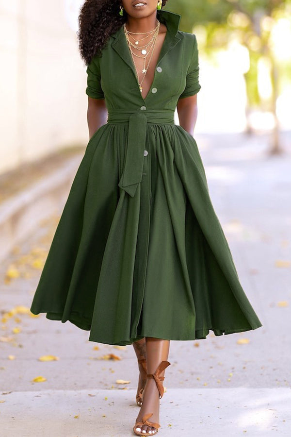 Solid Shirt Collar Button Tie Waist Midi Dress Fashionpara