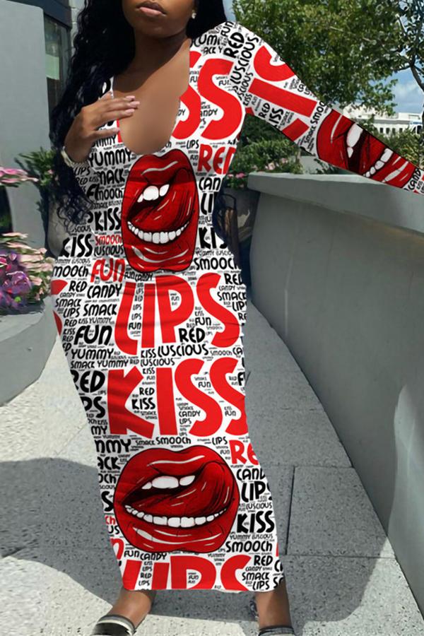 Pretty Lip Print U Collar Long Sleeve Maxi Dress Fashionpara