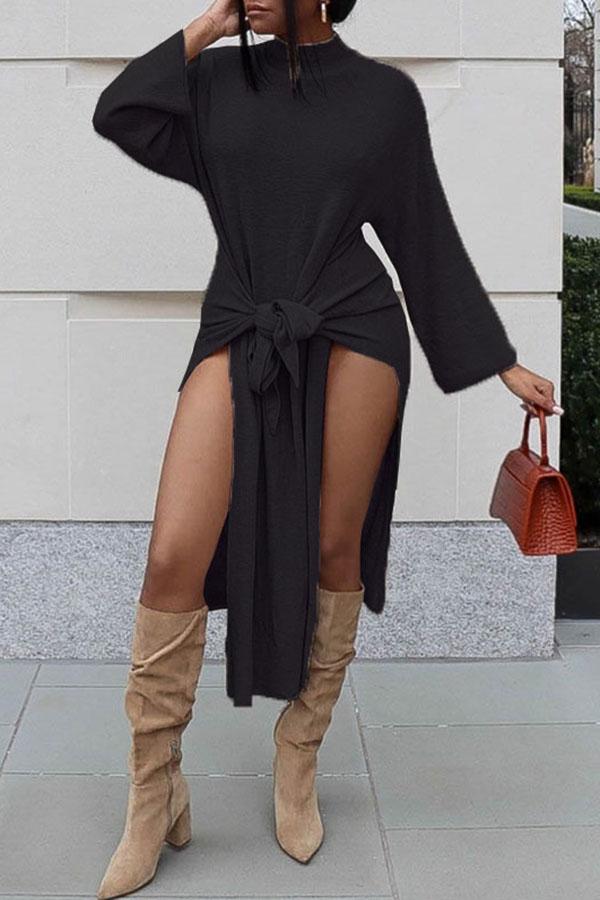 Casual Loose Solid Knotted Side Slit Midi Dress  Fashionpara