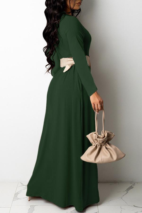 Pretty V-neck Long Sleeve Pocket Plus Size Maxi Dress(Without Belt) Fashionpara