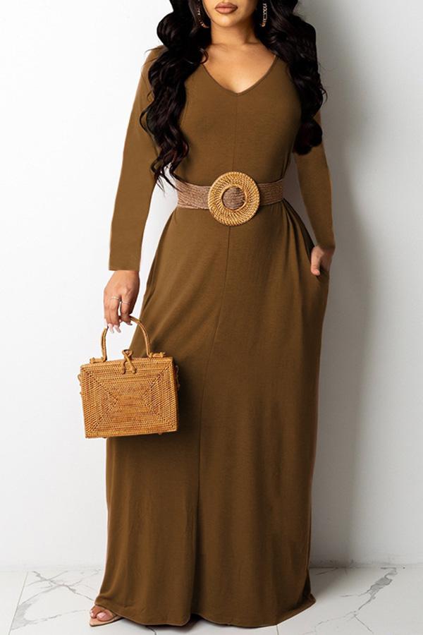 Pretty V-neck Long Sleeve Pocket Plus Size Maxi Dress(Without Belt) Fashionpara