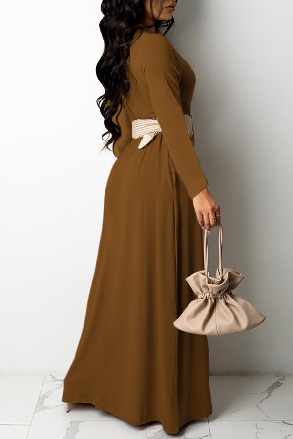 Pretty V-neck Long Sleeve Pocket Plus Size Maxi Dress(Without Belt) Fashionpara