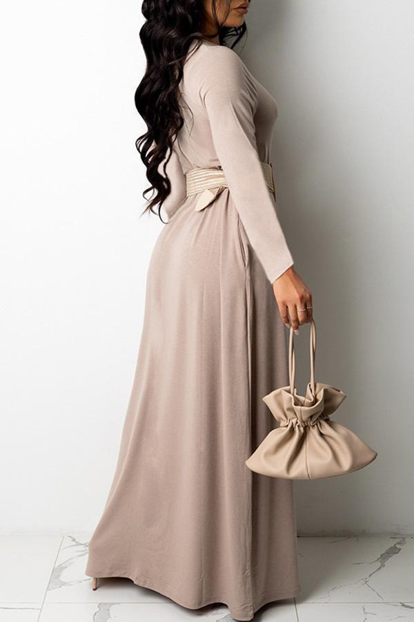 Pretty V-neck Long Sleeve Pocket Plus Size Maxi Dress(Without Belt) Fashionpara