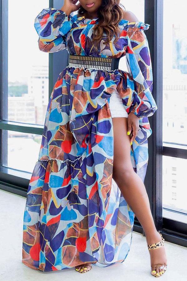 Fashion Print Off Shoulder Plus Size Ruffled Maxi Dress Fashionpara