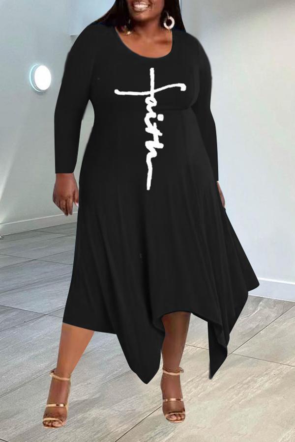 Plus Size Asymmetrical U Collar Letter Print Dress Fashionpara