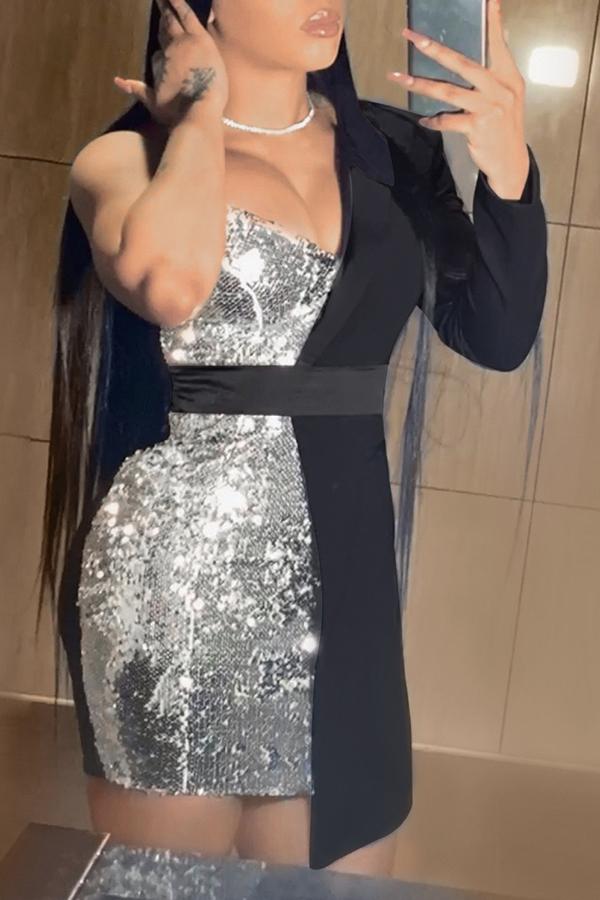 Party Sequin Patchwork One Sleeve Mini Dress Fashionpara