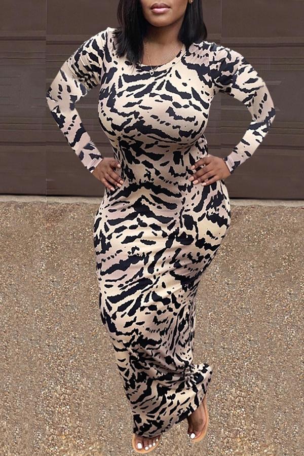 Round Neck Animal Print Long Sleeve Maxi Dress Fashionpara