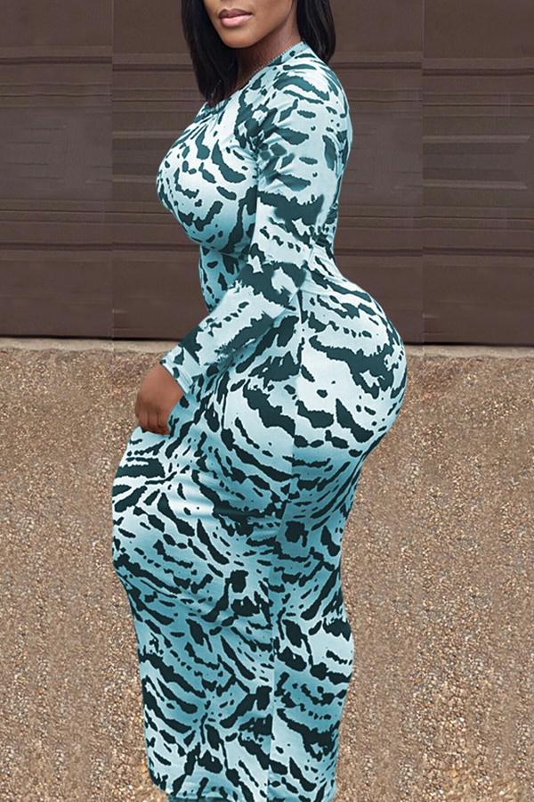Round Neck Animal Print Long Sleeve Maxi Dress Fashionpara