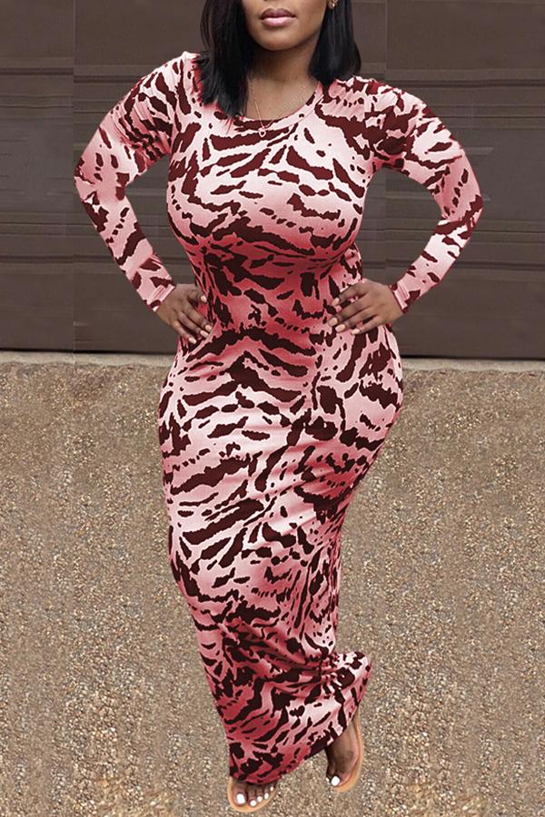 Round Neck Animal Print Long Sleeve Maxi Dress Fashionpara