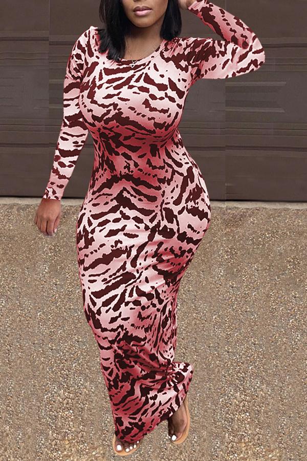Round Neck Animal Print Long Sleeve Maxi Dress Fashionpara