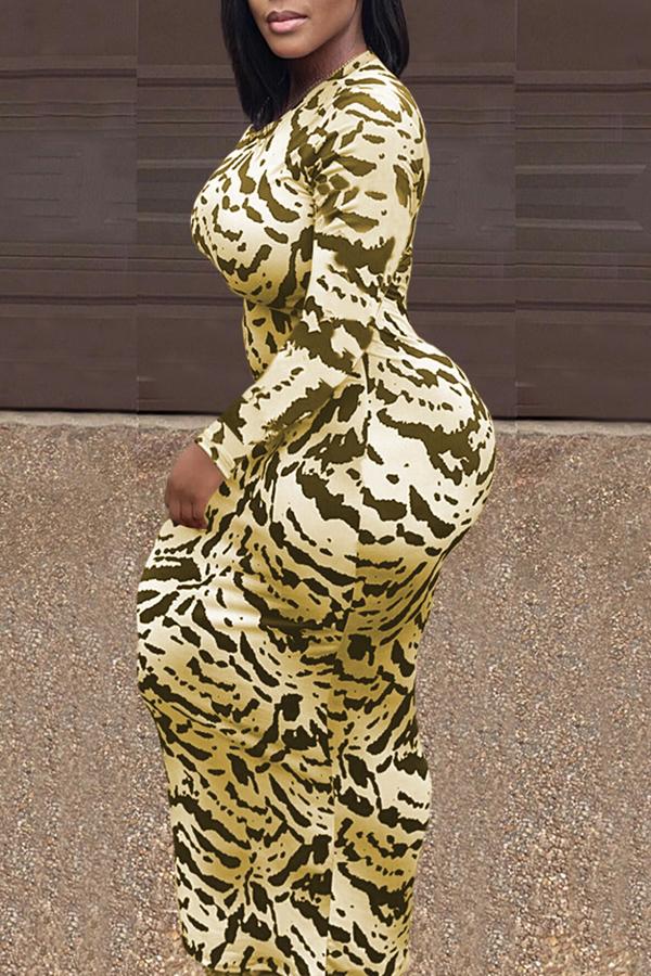 Round Neck Animal Print Long Sleeve Maxi Dress Fashionpara
