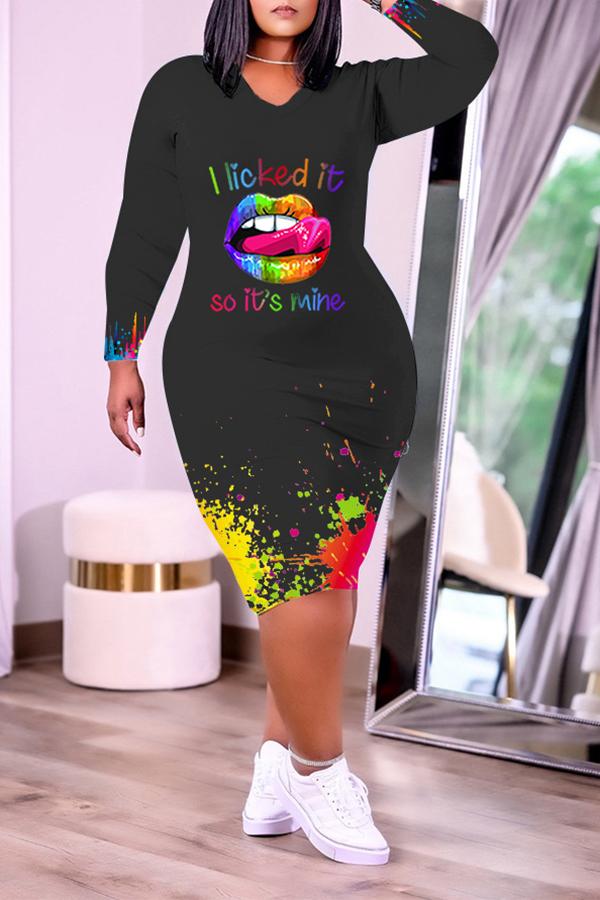 Lip Inkjet Print V-neck Pocket Plus Size Midi Dress Fashionpara