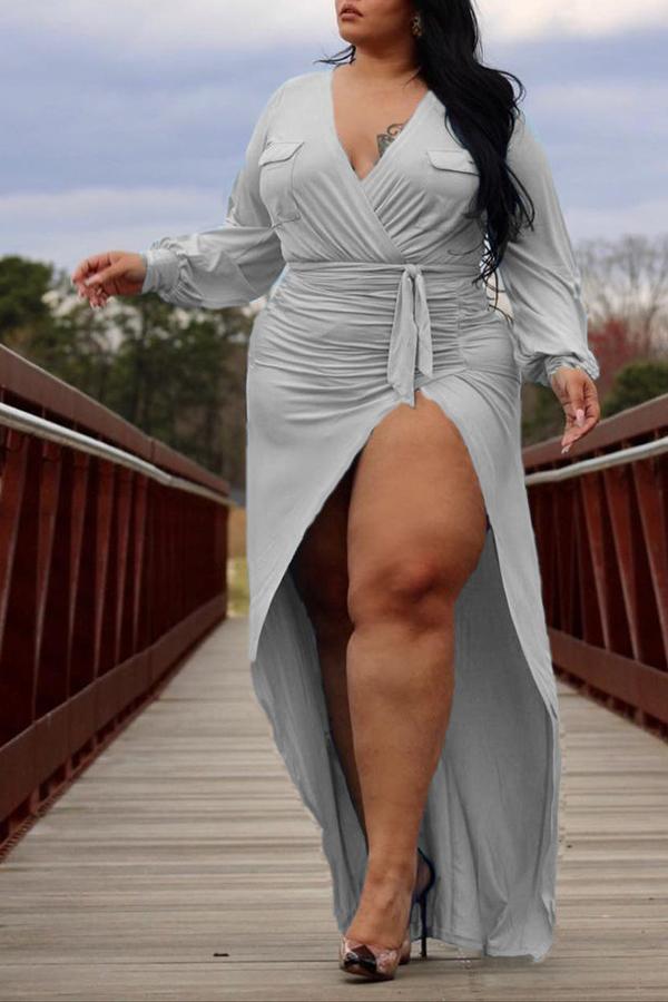 Plus Size V-neck Ruched Side Slit Maxi Dress Fashionpara