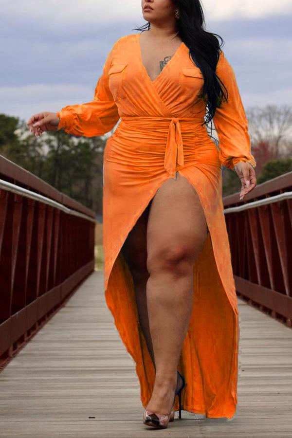 Plus Size V-neck Ruched Side Slit Maxi Dress Fashionpara