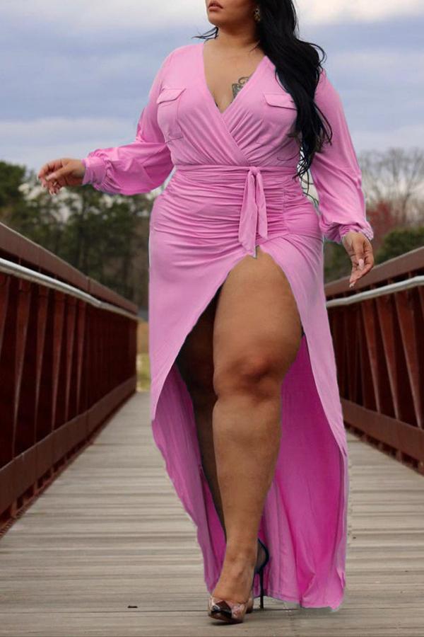 Plus Size V-neck Ruched Side Slit Maxi Dress Fashionpara