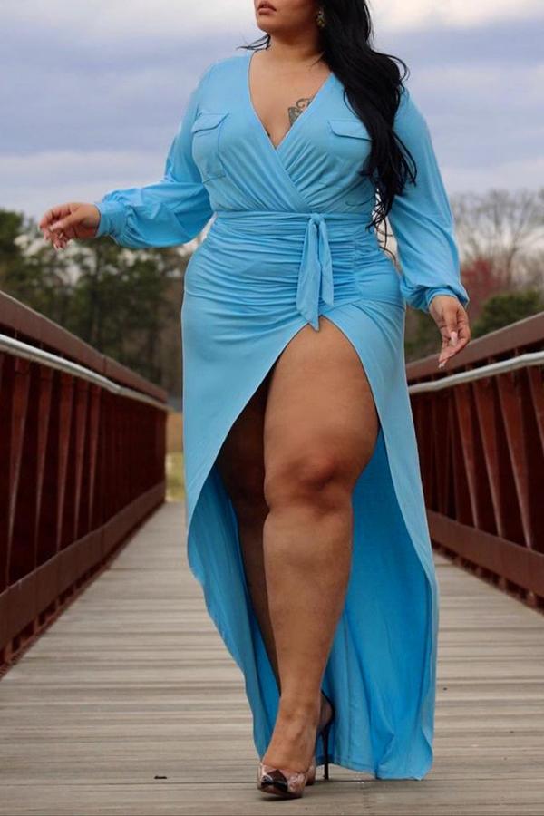 Plus Size V-neck Ruched Side Slit Maxi Dress Fashionpara