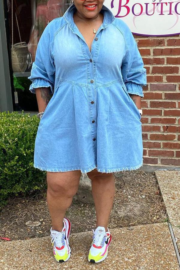Denim Ruffle Raglan Sleeve Pocket Shirt Dress  Fashionpara