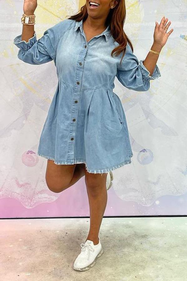 Denim Ruffle Raglan Sleeve Pocket Shirt Dress  Fashionpara