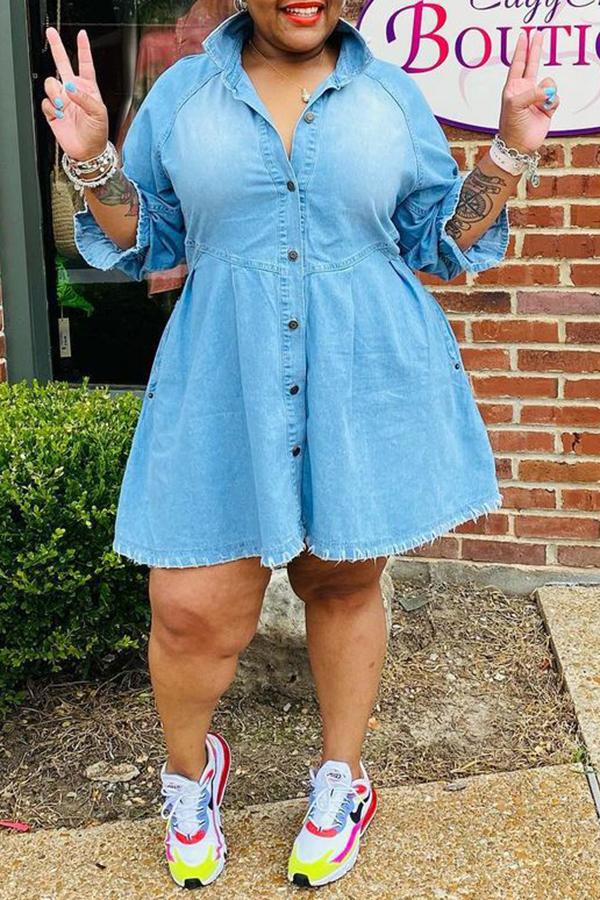 Denim Ruffle Raglan Sleeve Pocket Shirt Dress  Fashionpara