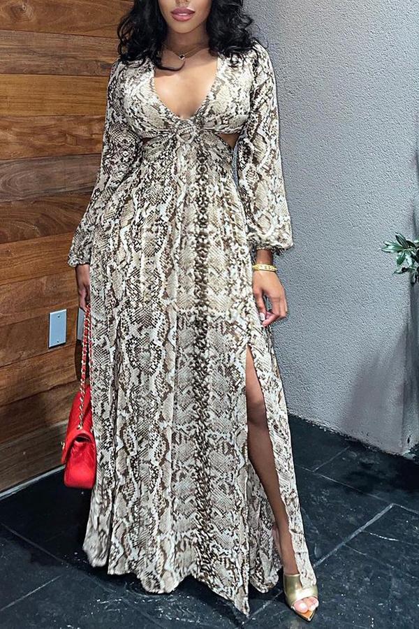 Snake Print V-neck Cutout Side Slit Maxi Dress Fashionpara